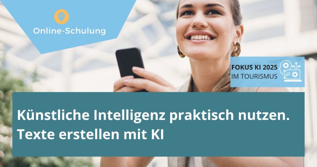 Fröhliche Frau mit Handy Text: Künstliche Intelligenz praktisch nutzen. Texte erstellen mit KI.