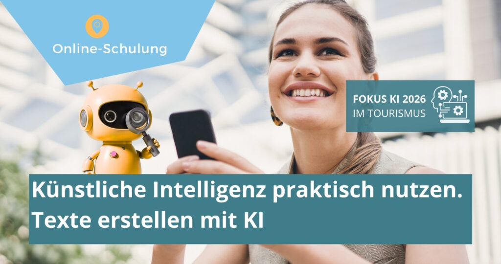 Frau tippt am Handy , AI Roboter schaut zu. Thema: Texte erstellen mit KI