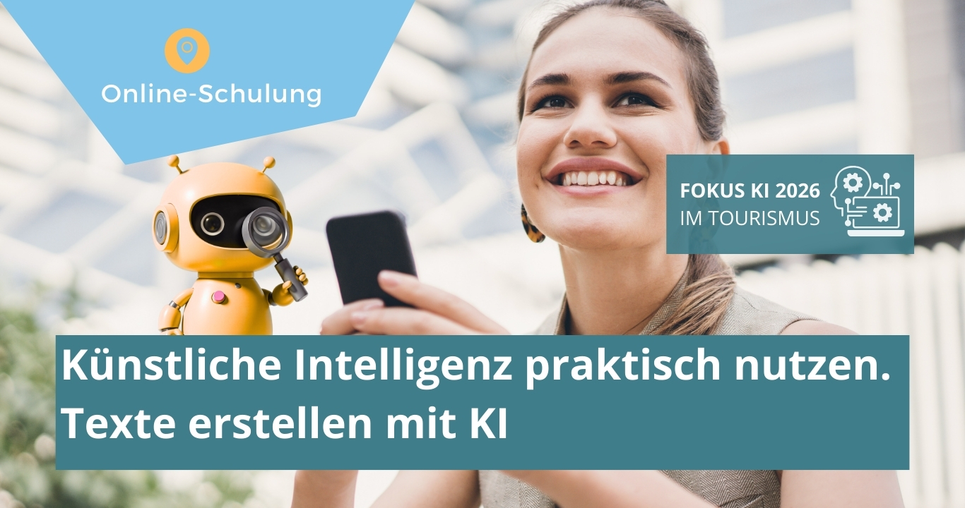 Frau tippt am Handy , AI Roboter schaut zu. Thema: Texte erstellen mit KI