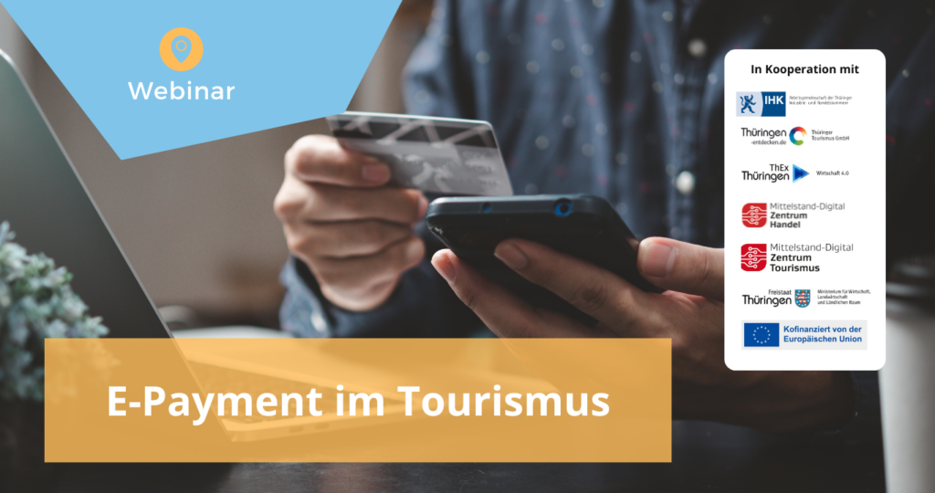 Hand mit Smartphone und Kreditkarte zum thema Bezahlsysteme. Titel: E.-Payment im Tourismus