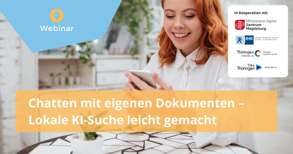 junge Frau schaut auf ein Smartphone, darüber der Titel Chatten mit den eigenen Dokumenten - KI-Suche leicht gemacht