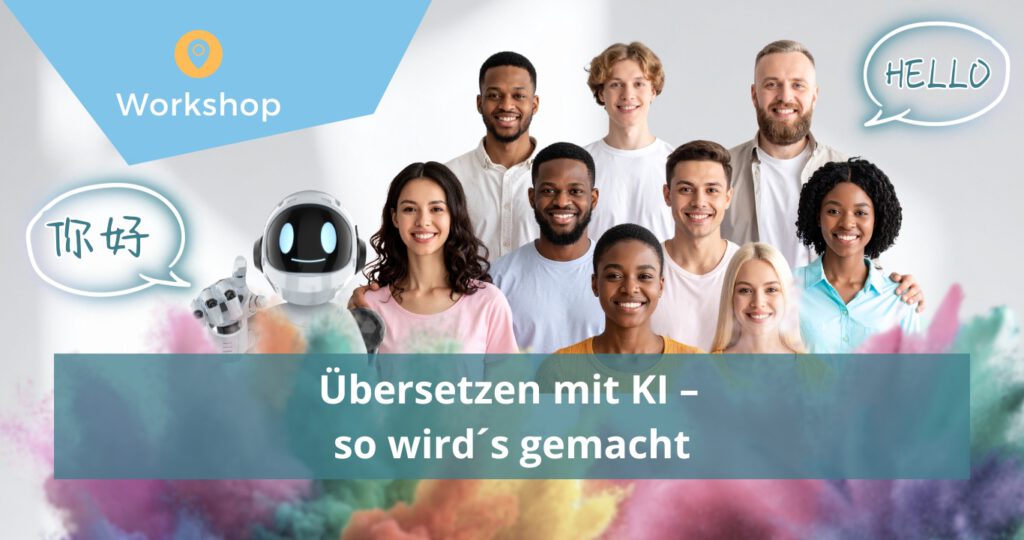 Titel: Übersetzen mit KI, viele Menschen, Hallo und chinesische Zeichen