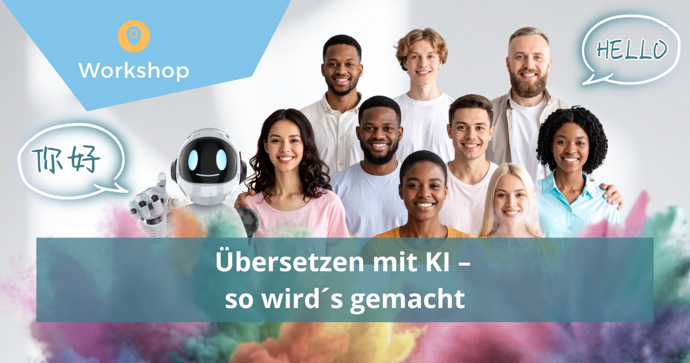 Titel: Übersetzen mit KI, viele Menschen, Hallo und chinesische Zeichen