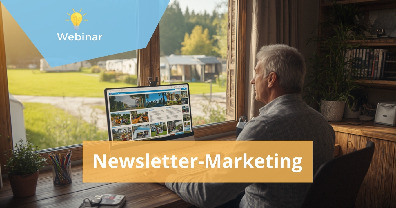 Person vor einem Computer mit touristischer Website, Blick auf eine Ferienanlage durch das Fenster. Text im Bild: „Webinar – Newsletter-Marketing“. Die Bildgrafik wurde mit KI erstellt.