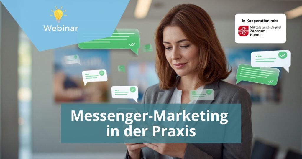 Person mit Smartphone, umgeben von Messenger-Nachrichten. Grafik zum Webinar „Messengermarketing in der Praxis“. Bild mit Unterstützung von Künstlicher Intelligenz erstellt.