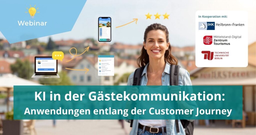 Banner zum Webinar „KI in der Gästekommunikation: Anwendungen entlang der Customer Journey“. Oder etwas beschreibender: Touristische Person vor Stadtkulisse, umgeben von Symbolen für digitale Kommunikation und KI-gestützte Gästebetreuung.