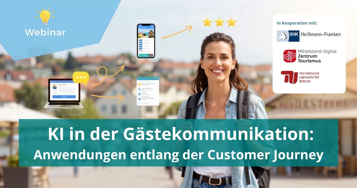 Banner zum Webinar „KI in der Gästekommunikation: Anwendungen entlang der Customer Journey“. Oder etwas beschreibender: Touristische Person vor Stadtkulisse, umgeben von Symbolen für digitale Kommunikation und KI-gestützte Gästebetreuung.