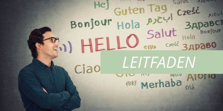 Ein Mann spricht, um ihn sind Wortblasen mit Begrüssungen in verschiedenen Sprachen, Titel: Leitfaden