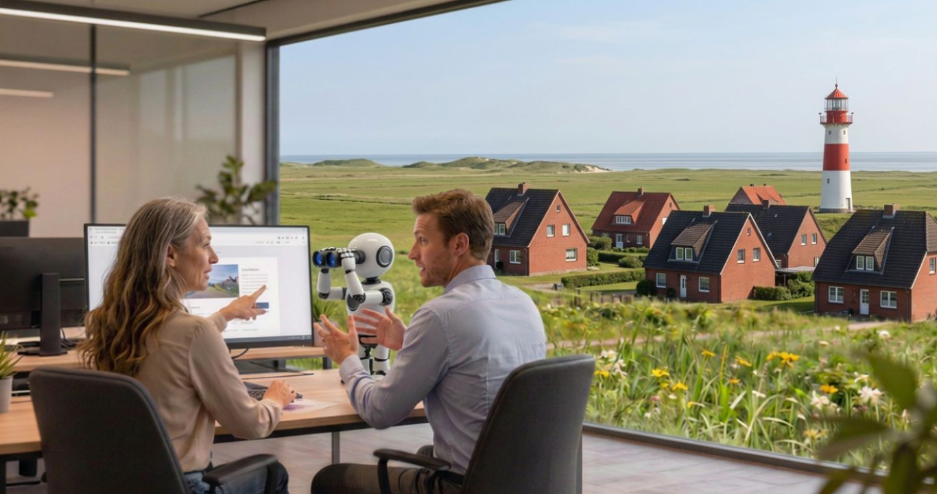 zwei menschen in einem Büro die vor einem Computerbildschirm über den Aufbau einer Website diskutieren, neben dem computer steht eine Roboter der die KI darstellen soll, der mit einem Fernglas auf den Bildschirm guckt. Das Büro-Setting geht fließend über in eine typisch deutsche touristische Landschaft.
