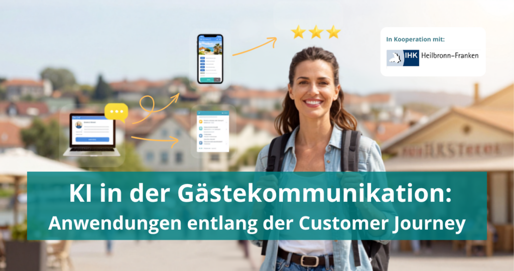 Banner zum Webinar „KI in der Gästekommunikation: Anwendungen entlang der Customer Journey“. Oder etwas beschreibender: Touristische Person vor Stadtkulisse, umgeben von Symbolen für digitale Kommunikation und KI-gestützte Gästebetreuung.