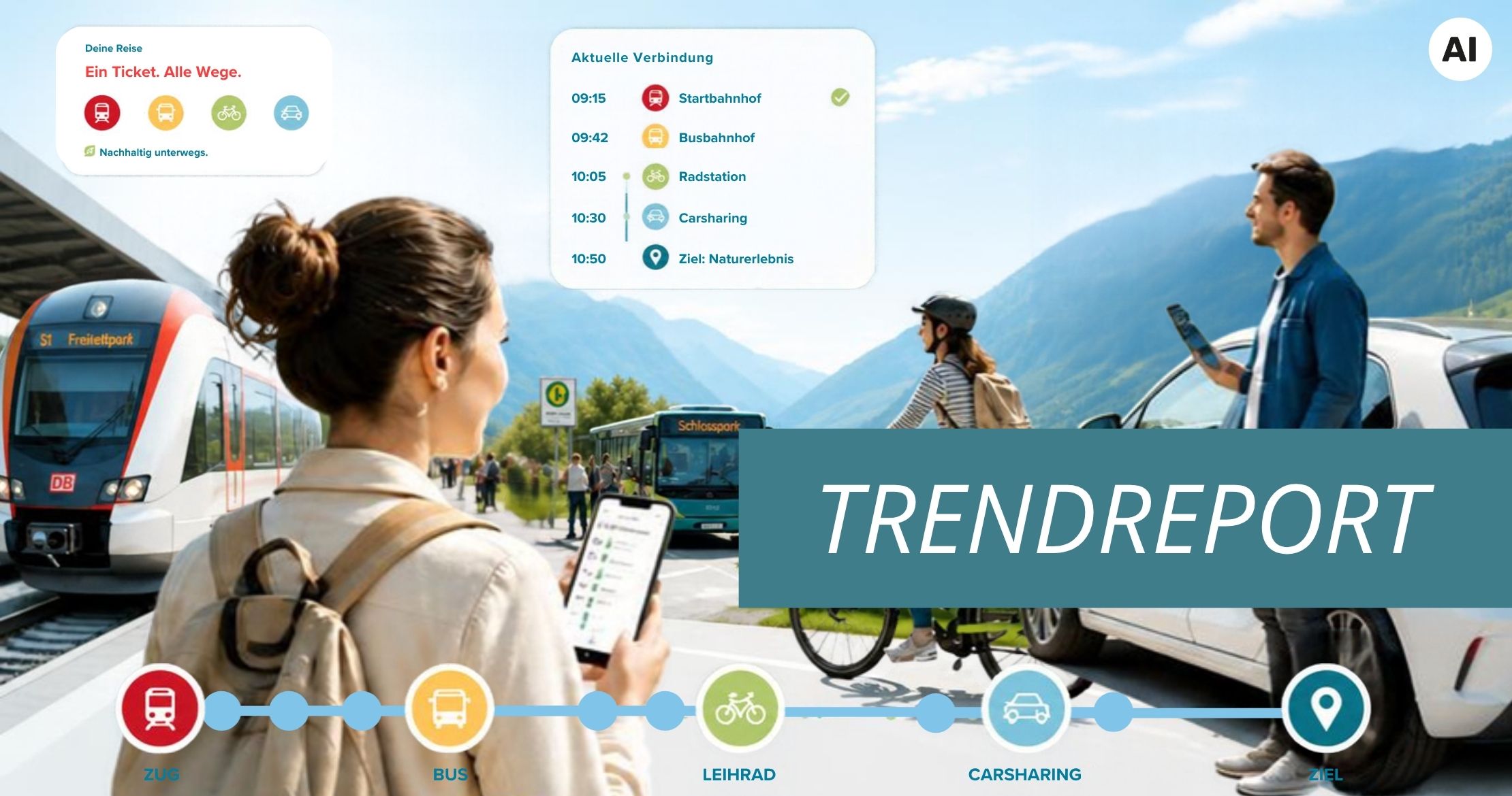 Illustration zur vernetzten Mobilität: Eine Person steht mit Smartphone an einem Bahnhof, während im Hintergrund Zug, Bus, Leihfahrrad und Carsharing-Fahrzeug zu sehen sind. Über dem Bild zeigen digitale Informationsfelder eine multimodale Reisekette mit einem Ticket für verschiedene Verkehrsmittel sowie einen Reiseverlauf von Bahnhof über Bus und Fahrrad bis zum Naturziel. Im Vordergrund visualisiert eine Symbolleiste die Stationen Zug, Bus, Leihfahrrad, Carsharing und Ziel. Der Schriftzug „Trendreport“ ist prominent eingeblendet vor einer Berglandschaft.