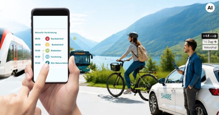 Illustration zur vernetzten Mobilität: Eine Person steht mit Smartphone an einem Bahnhof, während im Hintergrund Zug, Bus, Leihfahrrad und Carsharing-Fahrzeug zu sehen sind. Über dem Bild zeigen digitale Informationsfelder eine multimodale Reisekette mit einem Ticket für verschiedene Verkehrsmittel sowie einen Reiseverlauf von Bahnhof über Bus und Fahrrad bis zum Naturziel. Im Vordergrund visualisiert eine Symbolleiste die Stationen Zug, Bus, Leihfahrrad, Carsharing und Ziel. Der Schriftzug „Trendreport“ ist prominent eingeblendet vor einer Berglandschaft.