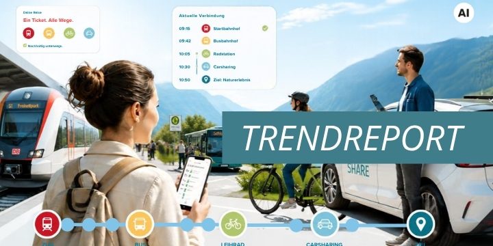 Illustration zur vernetzten Mobilität: Eine Person steht mit Smartphone an einem Bahnhof, während im Hintergrund Zug, Bus, Leihfahrrad und Carsharing-Fahrzeug zu sehen sind. Über dem Bild zeigen digitale Informationsfelder eine multimodale Reisekette mit einem Ticket für verschiedene Verkehrsmittel sowie einen Reiseverlauf von Bahnhof über Bus und Fahrrad bis zum Naturziel. Im Vordergrund visualisiert eine Symbolleiste die Stationen Zug, Bus, Leihfahrrad, Carsharing und Ziel. Der Schriftzug „Trendreport“ ist prominent eingeblendet vor einer Berglandschaft.