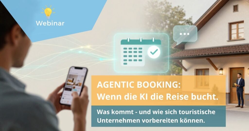 Man bucht mit Smartphine Ferienunterkunft, Titel Webinar, Agentic Booking