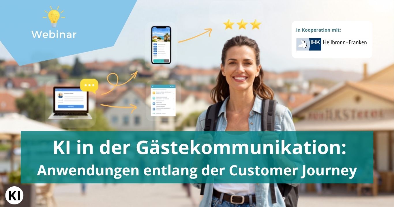 Banner zum Webinar „KI in der Gästekommunikation: Anwendungen entlang der Customer Journey“. Oder etwas beschreibender: Touristische Person vor Stadtkulisse, umgeben von Symbolen für digitale Kommunikation und KI-gestützte Gästebetreuung.